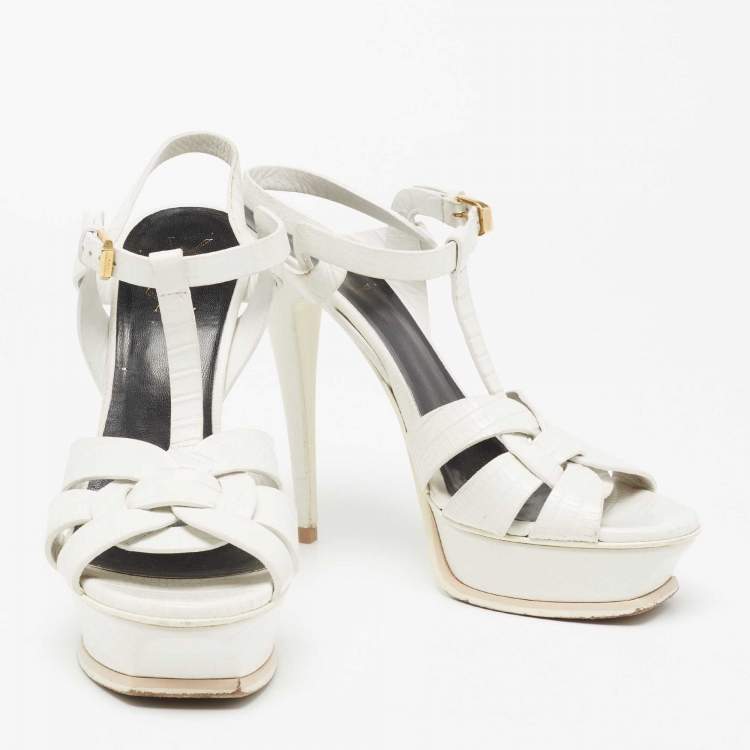 مملوكة مسبقًا Saint Laurent White Lizard Embossed Leather Tribute Sandals Size 39