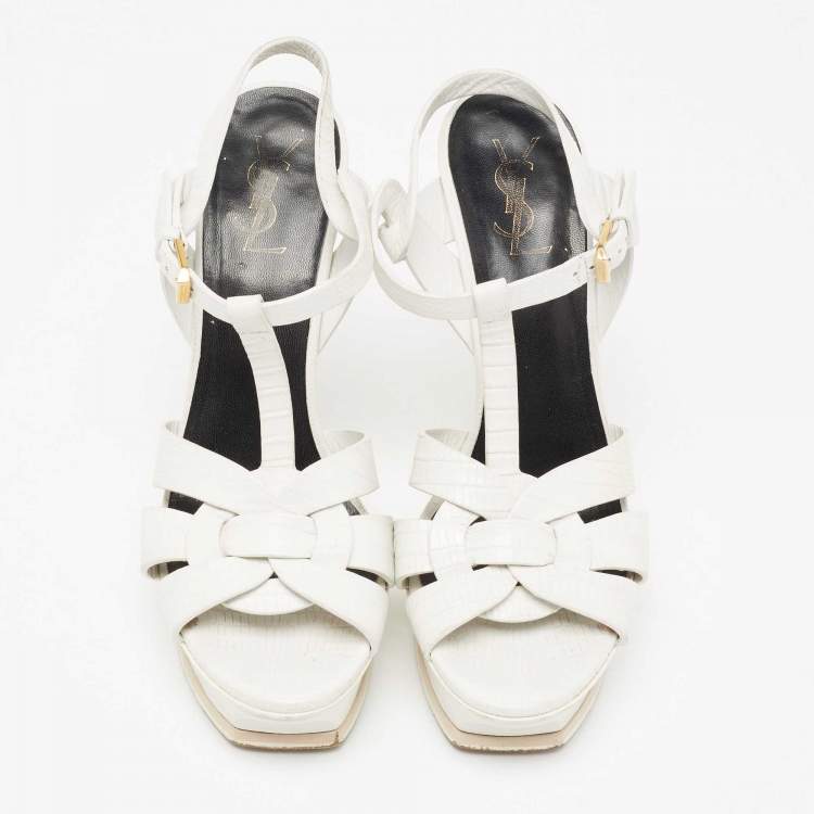 مملوكة مسبقًا Saint Laurent White Lizard Embossed Leather Tribute Sandals Size 39