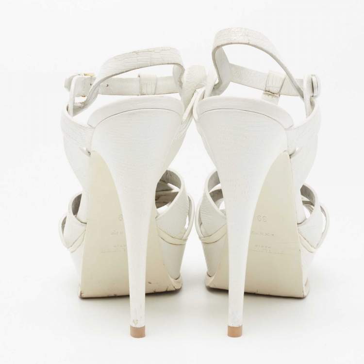 مملوكة مسبقًا Saint Laurent White Lizard Embossed Leather Tribute Sandals Size 39