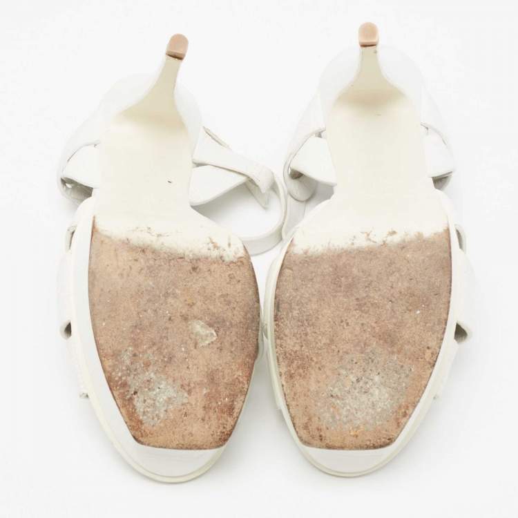 مملوكة مسبقًا Saint Laurent White Lizard Embossed Leather Tribute Sandals Size 39