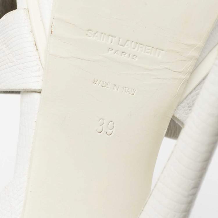 مملوكة مسبقًا Saint Laurent White Lizard Embossed Leather Tribute Sandals Size 39