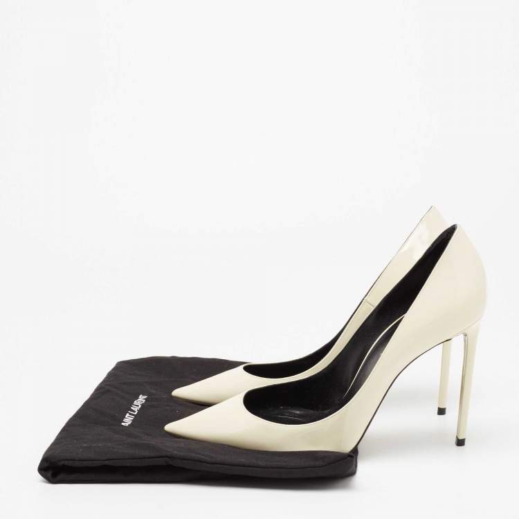 Pre Owned Saint Laurent Cream Patent Pointed Toe Pumps Size 37