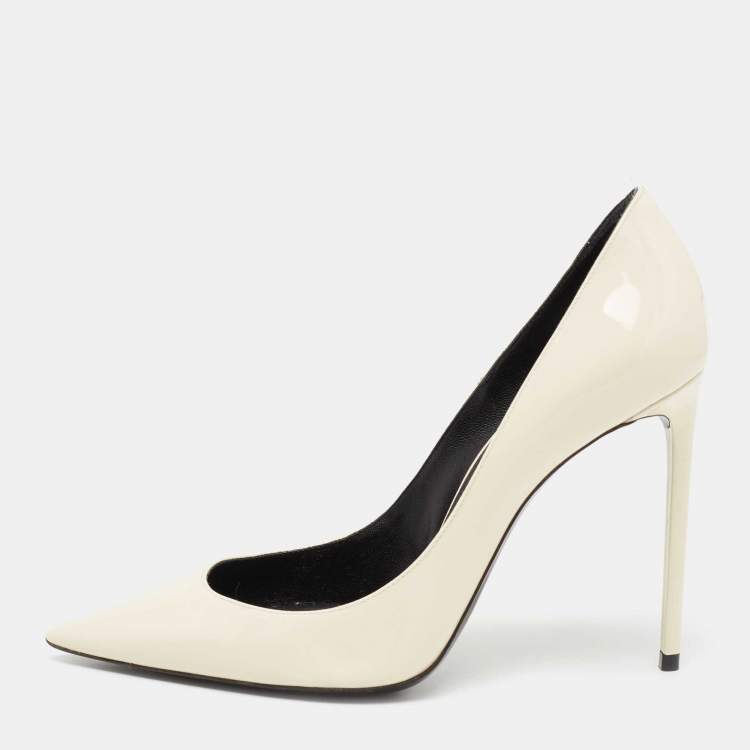 Pre Owned Saint Laurent Cream Patent Pointed Toe Pumps Size 37
