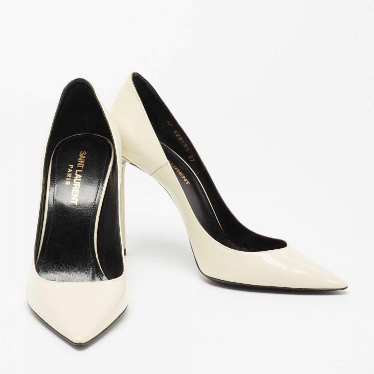 Pre Owned Saint Laurent Cream Patent Pointed Toe Pumps Size 37