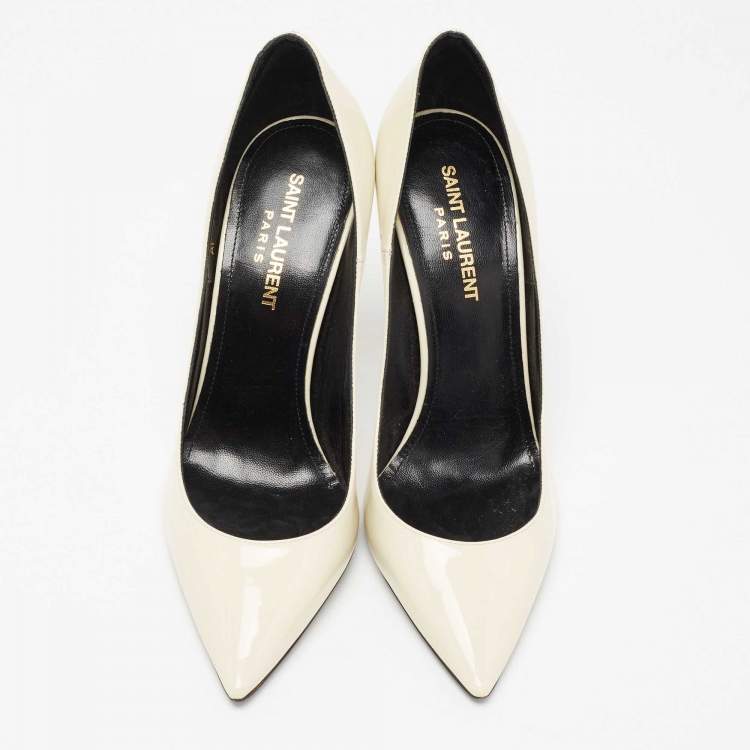 Pre Owned Saint Laurent Cream Patent Pointed Toe Pumps Size 37