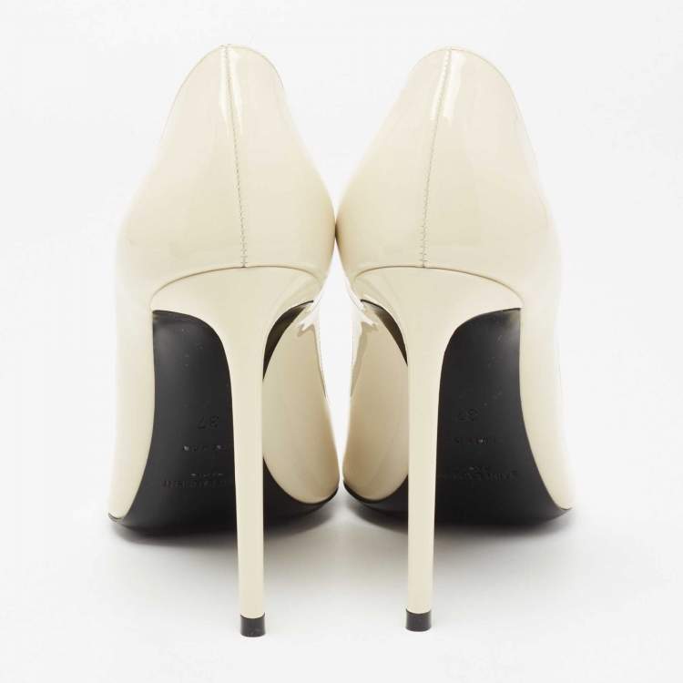 Pre Owned Saint Laurent Cream Patent Pointed Toe Pumps Size 37