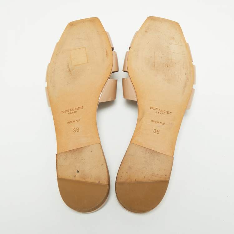 Pre Owned Saint Laurent Beige Patent Leather Tribute Flats Size 38