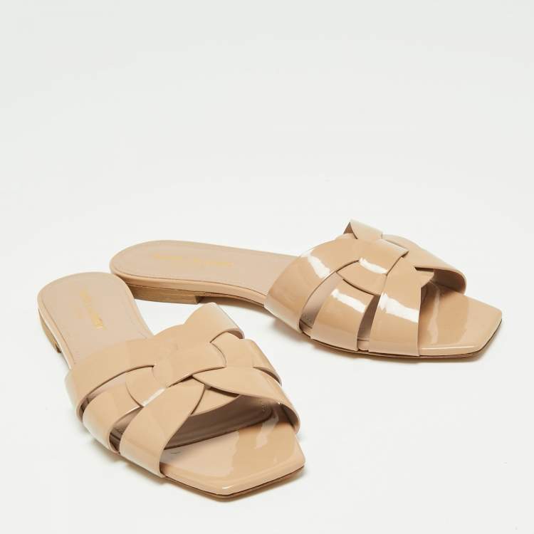 Pre Owned Saint Laurent Beige Patent Leather Tribute Flats Size 38