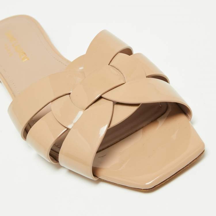 Pre Owned Saint Laurent Beige Patent Leather Tribute Flats Size 38