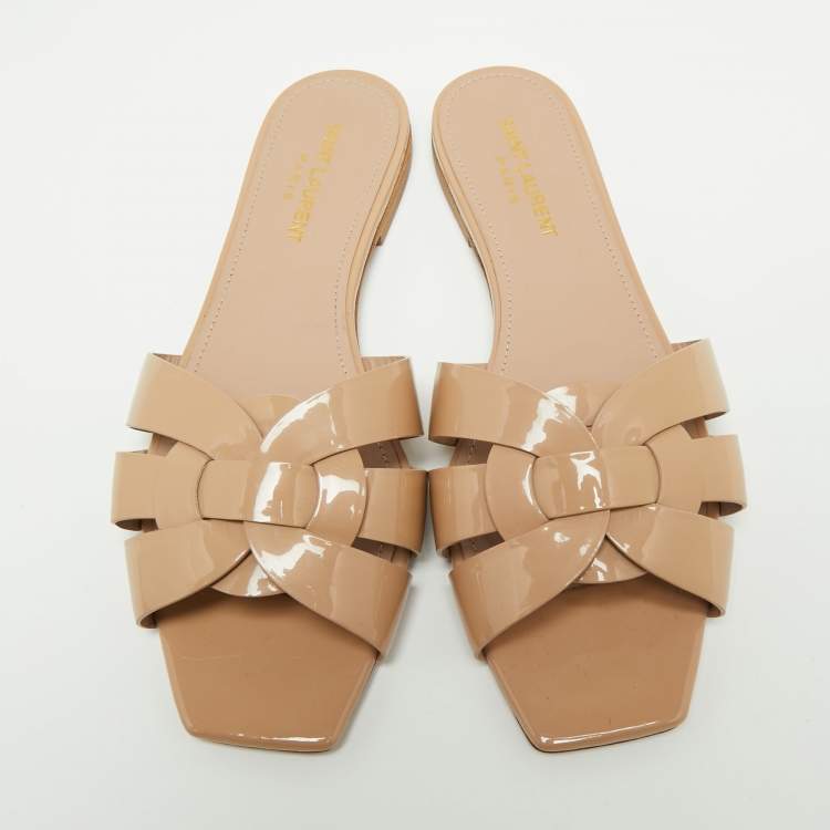 Pre Owned Saint Laurent Beige Patent Leather Tribute Flats Size 38