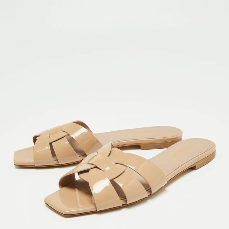 Pre Owned Saint Laurent Beige Patent Leather Tribute Flats Size 38