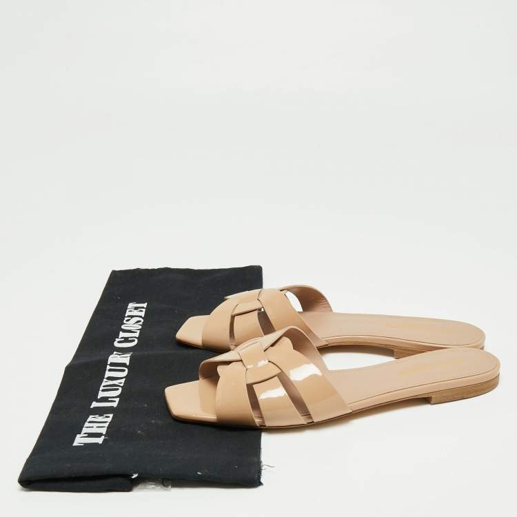 Pre Owned Saint Laurent Beige Patent Leather Tribute Flats Size 38