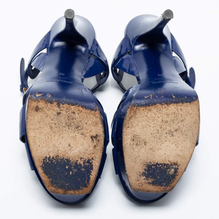 مملوكة مسبقًا Saint Laurent Dark Blue Patent Leather Tribute Platform Sandals Size 39