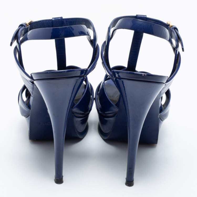 مملوكة مسبقًا Saint Laurent Dark Blue Patent Leather Tribute Platform Sandals Size 39