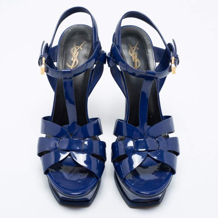 مملوكة مسبقًا Saint Laurent Dark Blue Patent Leather Tribute Platform Sandals Size 39