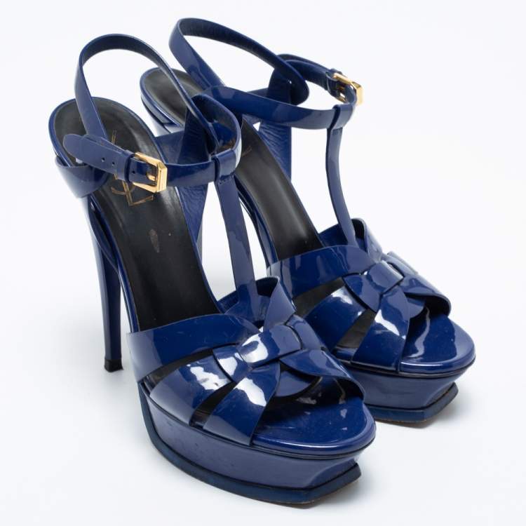 مملوكة مسبقًا Saint Laurent Dark Blue Patent Leather Tribute Platform Sandals Size 39