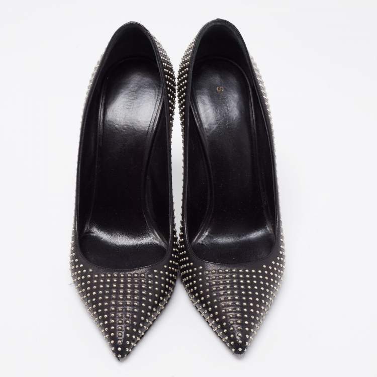 Pre Owned Saint Laurent Black Leather Studded Pointed Toe Pumps Size 37