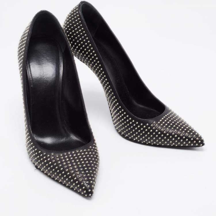 Pre Owned Saint Laurent Black Leather Studded Pointed Toe Pumps Size 37