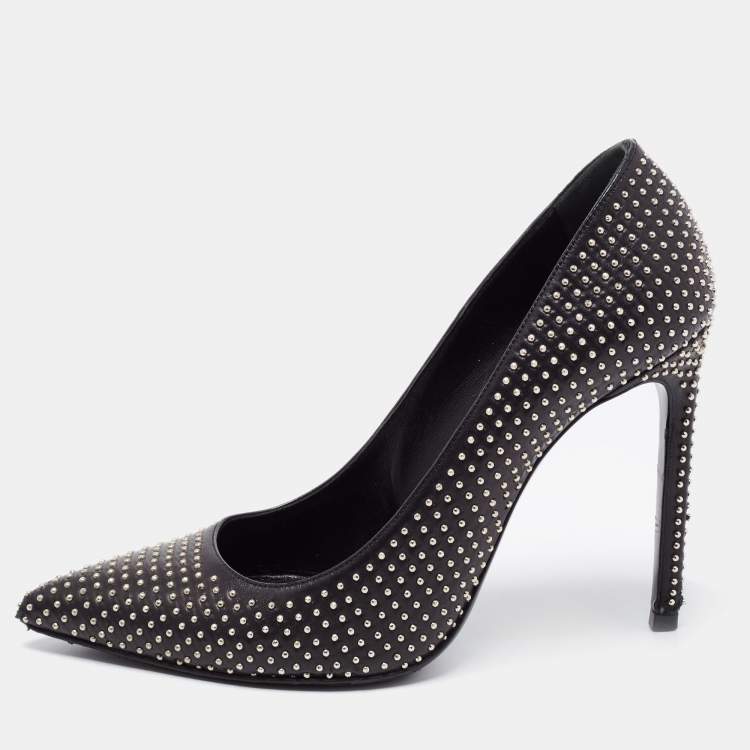 Pre Owned Saint Laurent Black Leather Studded Pointed Toe Pumps Size 37