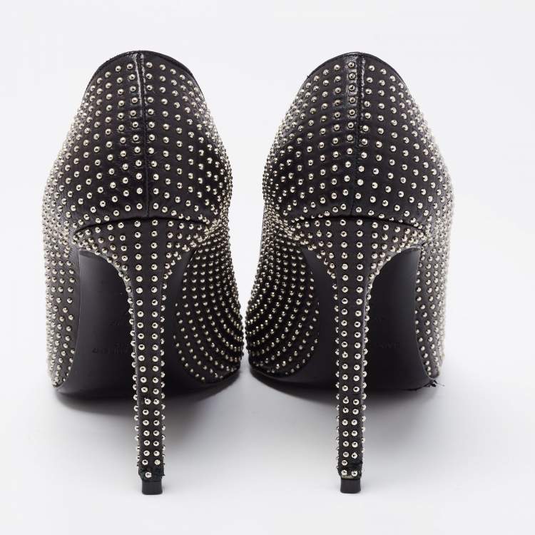Pre Owned Saint Laurent Black Leather Studded Pointed Toe Pumps Size 37