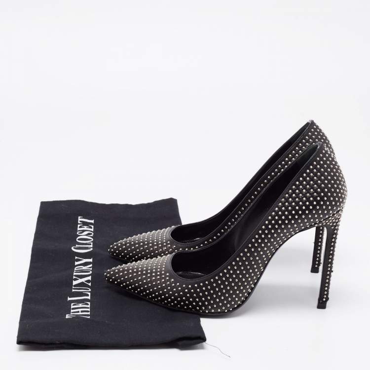 Pre Owned Saint Laurent Black Leather Studded Pointed Toe Pumps Size 37