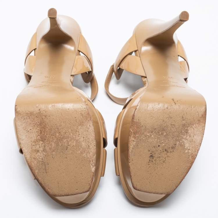 Pre Owned Saint Laurent Beige Patent Leather Tribute Platform Sandals Size 39.5