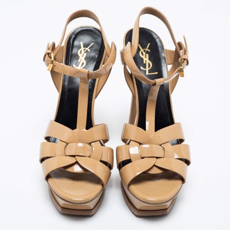 Pre Owned Saint Laurent Beige Patent Leather Tribute Platform Sandals Size 39.5