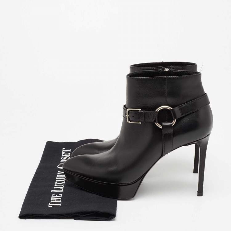 Pre Owned Saint Laurent Black Leather Janis 80 Platform Ankle Boots Size 37