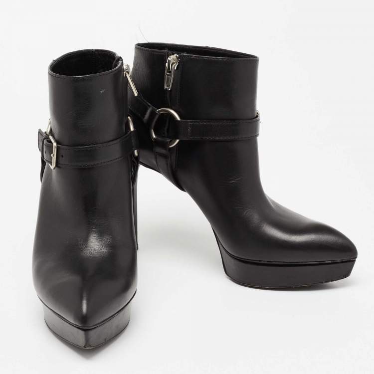 Pre Owned Saint Laurent Black Leather Janis 80 Platform Ankle Boots Size 37