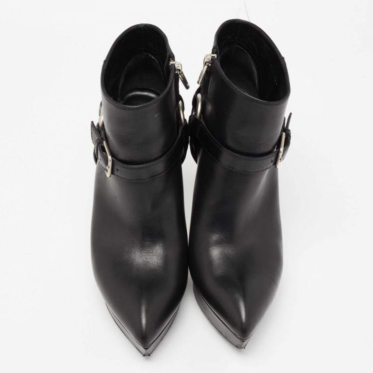 Pre Owned Saint Laurent Black Leather Janis 80 Platform Ankle Boots Size 37