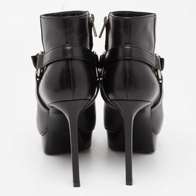 Pre Owned Saint Laurent Black Leather Janis 80 Platform Ankle Boots Size 37