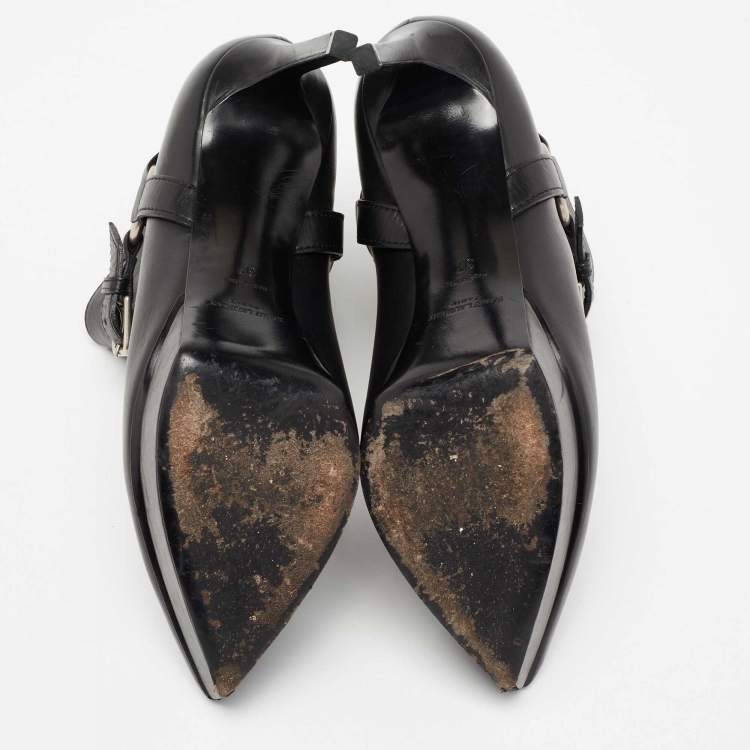 Pre Owned Saint Laurent Black Leather Janis 80 Platform Ankle Boots Size 37