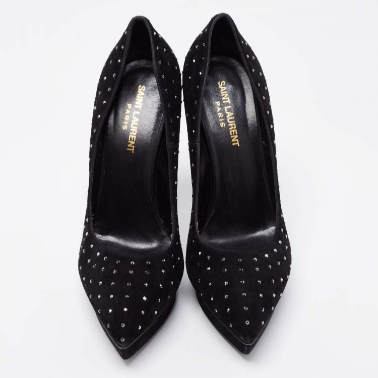 Pre Owned Saint Laurent Black Suede Crystal Embellished Janis Platform Pumps Size 38.5