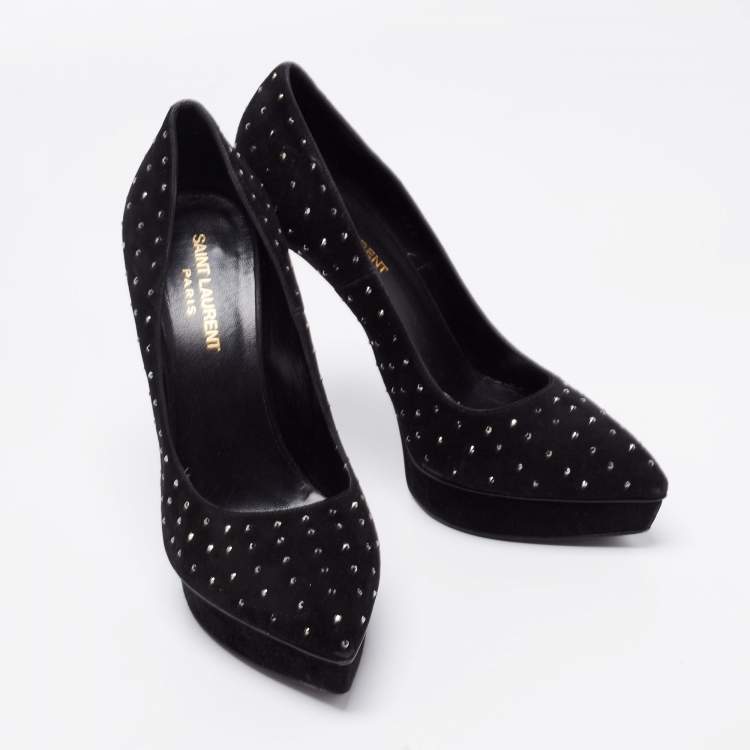 Pre Owned Saint Laurent Black Suede Crystal Embellished Janis Platform Pumps Size 38.5