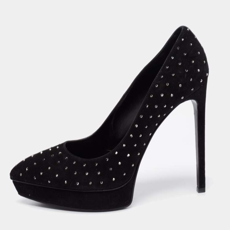 Pre Owned Saint Laurent Black Suede Crystal Embellished Janis Platform Pumps Size 38.5