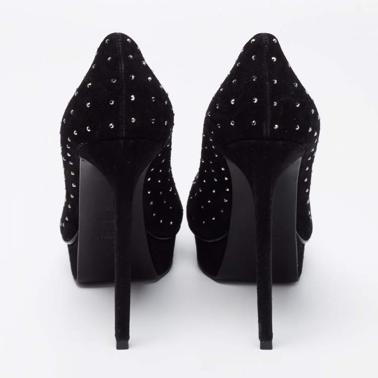 Pre Owned Saint Laurent Black Suede Crystal Embellished Janis Platform Pumps Size 38.5
