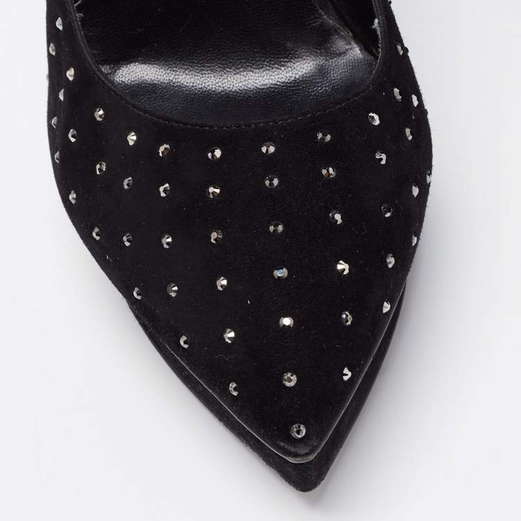 Pre Owned Saint Laurent Black Suede Crystal Embellished Janis Platform Pumps Size 38.5