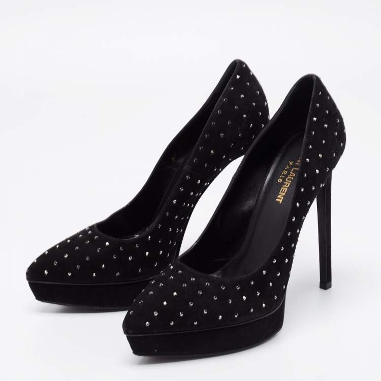Pre Owned Saint Laurent Black Suede Crystal Embellished Janis Platform Pumps Size 38.5