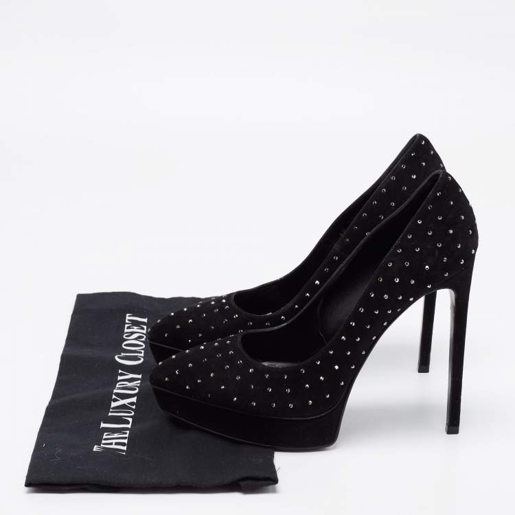 Pre Owned Saint Laurent Black Suede Crystal Embellished Janis Platform Pumps Size 38.5