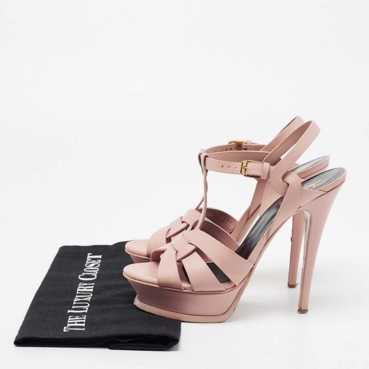 مملوكة مسبقًا Saint Laurent Pink Leather Tribute Platform Sandals Size 37.5