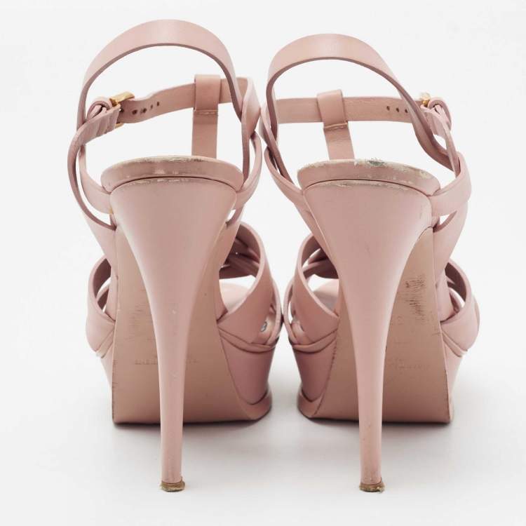 مملوكة مسبقًا Saint Laurent Pink Leather Tribute Platform Sandals Size 37.5