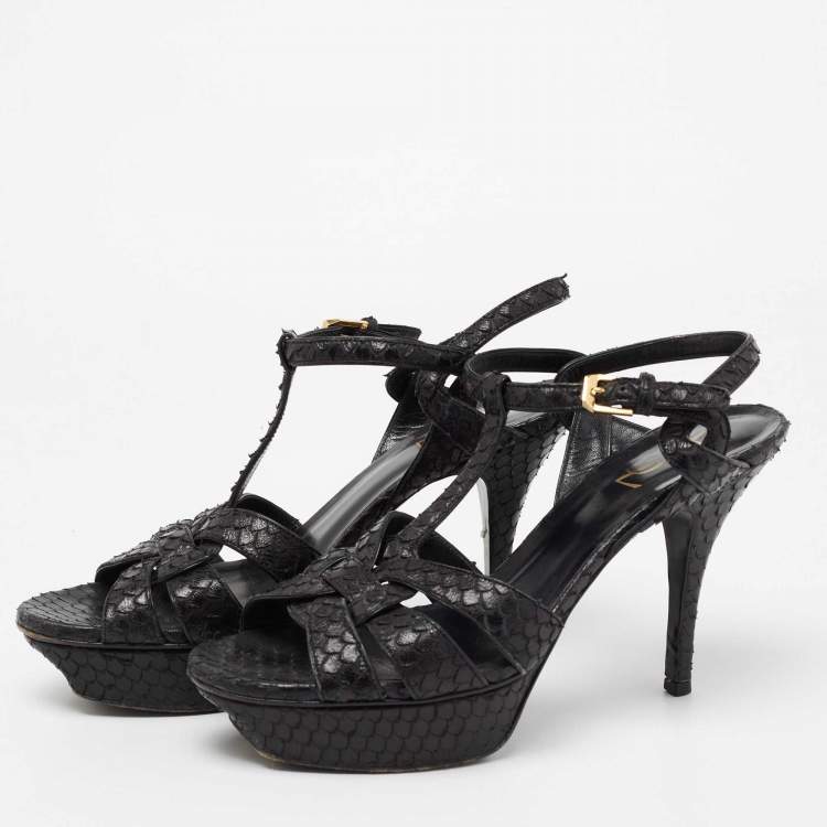 Pre Owned Saint Laurent Black Python Leather Tribute Ankle Strap Platform Sandals Size 39