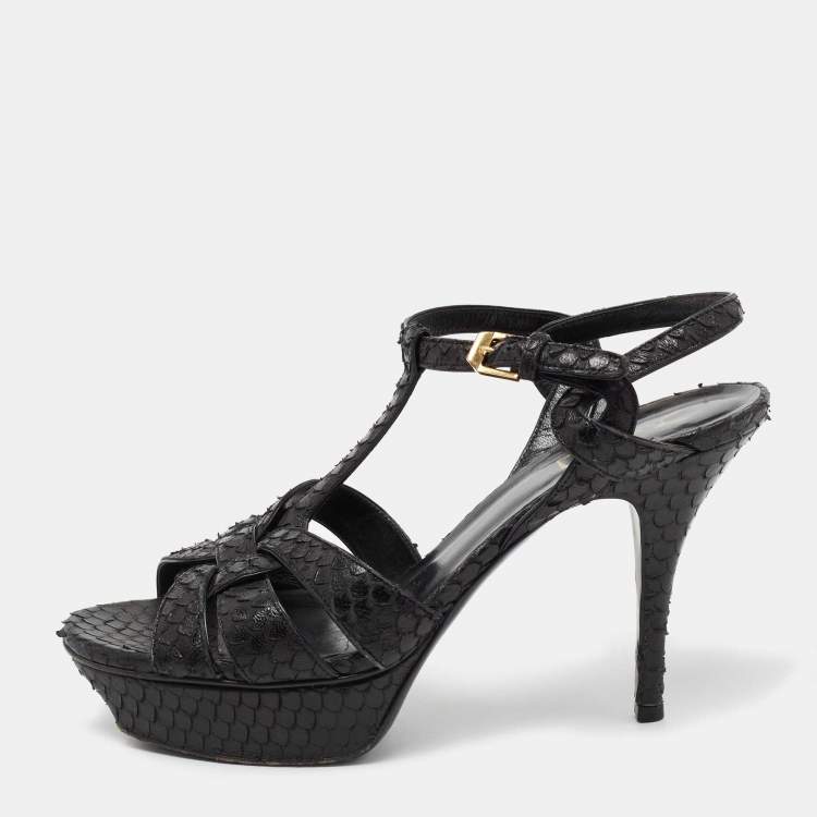Pre Owned Saint Laurent Black Python Leather Tribute Ankle Strap Platform Sandals Size 39