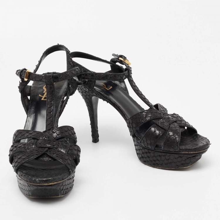 Pre Owned Saint Laurent Black Python Leather Tribute Ankle Strap Platform Sandals Size 39