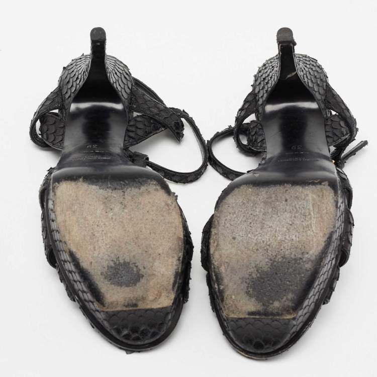 Pre Owned Saint Laurent Black Python Leather Tribute Ankle Strap Platform Sandals Size 39