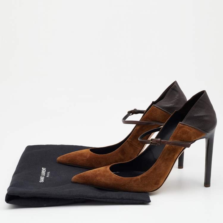 Pre Owned Saint Laurent Brown Suede and Leather Majorelle Mary Jane Pumps Size 38