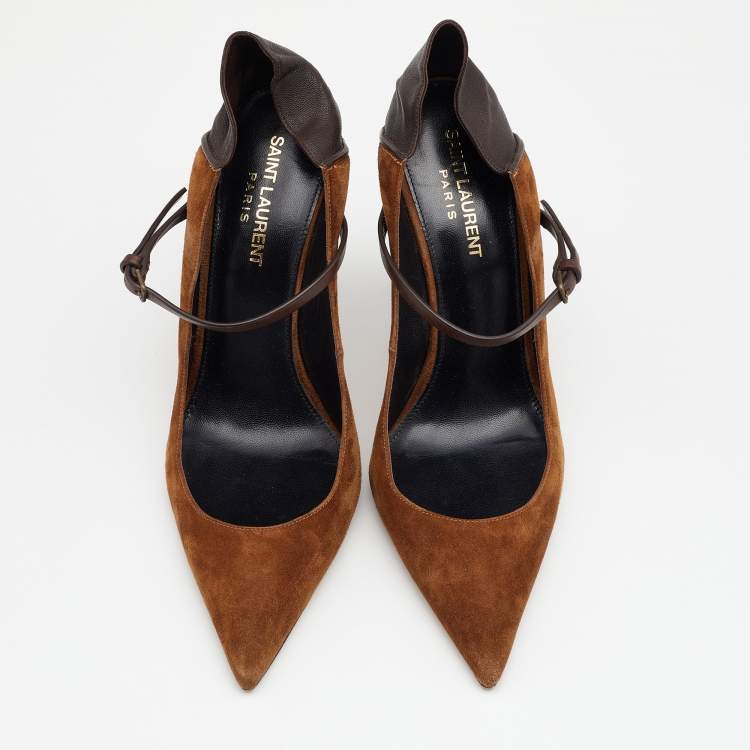 Pre Owned Saint Laurent Brown Suede and Leather Majorelle Mary Jane Pumps Size 38