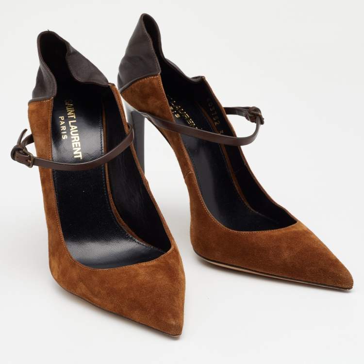 Pre Owned Saint Laurent Brown Suede and Leather Majorelle Mary Jane Pumps Size 38