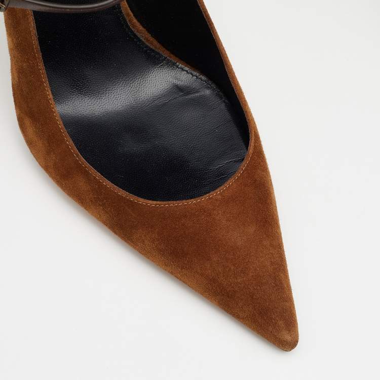 Pre Owned Saint Laurent Brown Suede and Leather Majorelle Mary Jane Pumps Size 38