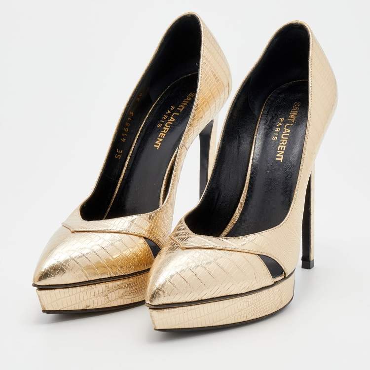 Pre Owned Saint Laurent Gold Embossed Leather Platform Pumps Size 38